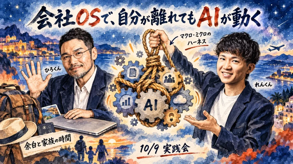 会社OSで自分が離れてもAIが動く、ひろくんとれんくんが歯車を綱で束ねる様子を描いた16:9のアイキャッチ