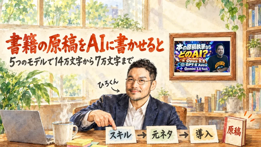 ひろくんが机の前で、スキル・元ネタ・導入の3枚の札を指すアイキャッチ。右上の額縁に『動画のサムネイル』を飾り、題字は「書籍の原稿をAIに書かせると」「5つのモデルで14万文字から7万文字まで」