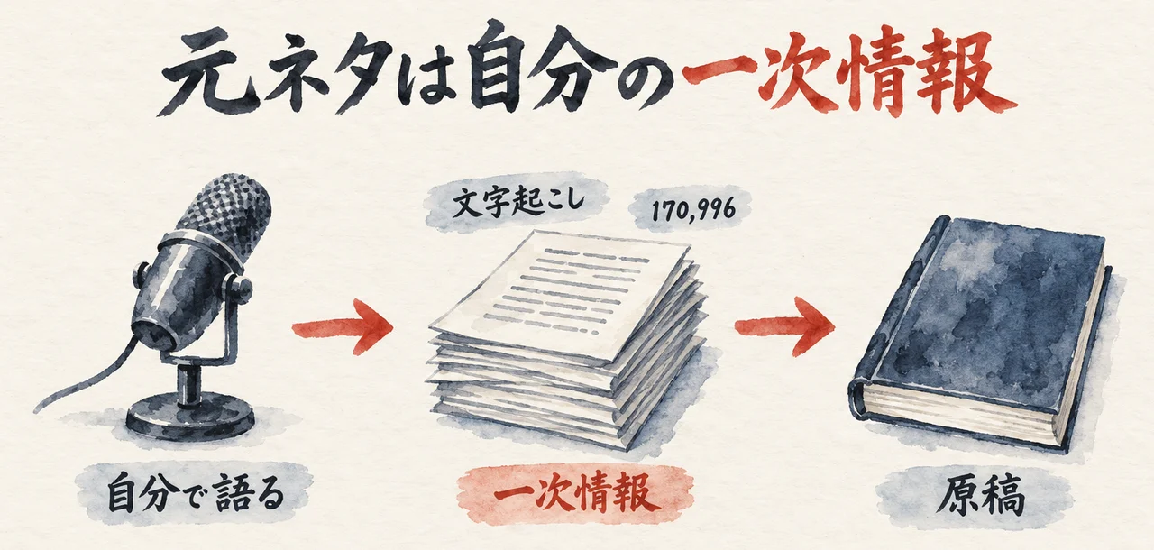 自分で話した講座の音声が文字起こしになり、一冊の本の元ネタになる流れを示した図解