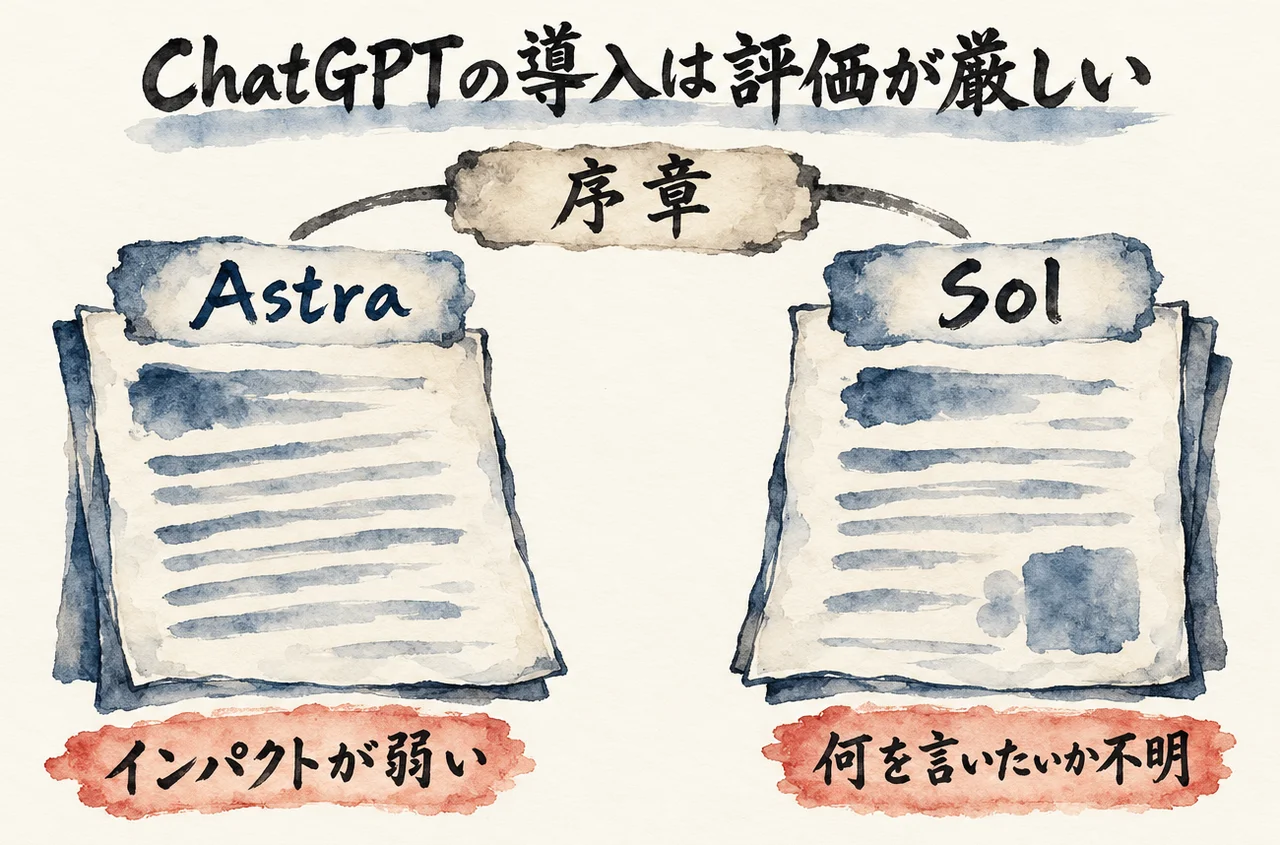 ChatGPTの2モデルの導入の評価が厳しかったことを、AstraとSolの2ページで示した図解
