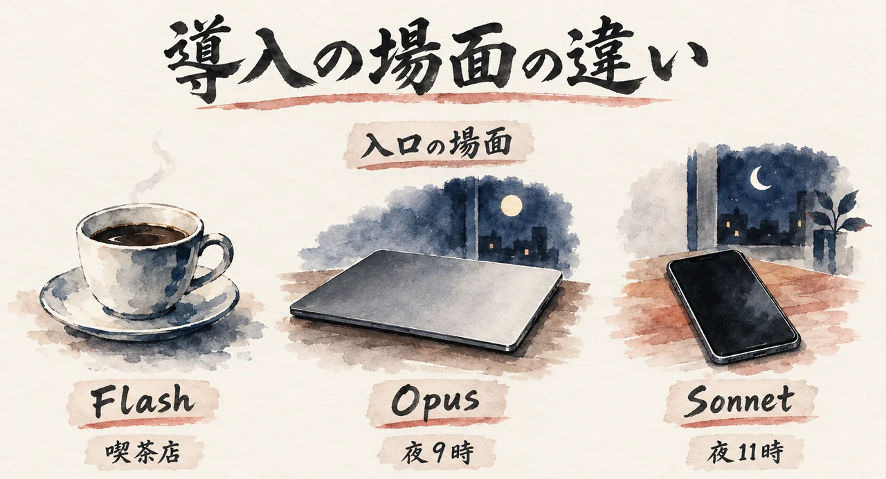 GeminiとClaudeが導入で最初に見せる場面の違いを、コーヒーとノートPCとスマホの3つの場面で並べた図解
