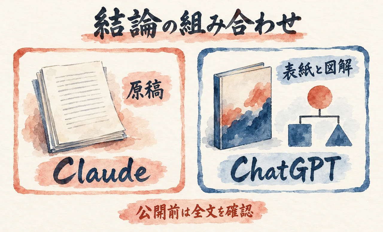 原稿の本文はClaude、表紙と図解はChatGPTという組み合わせの結論を、2つの箱で示した図解