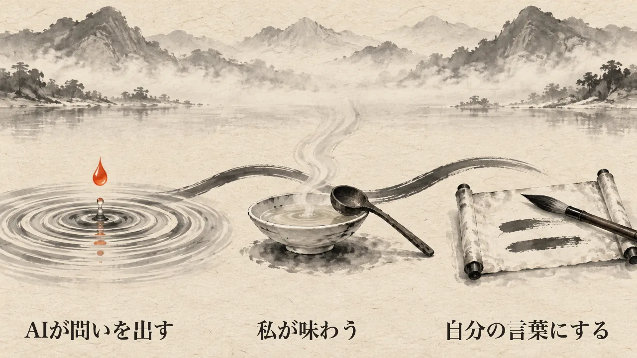 水面に落ちる朱いしずく、湯気の立つ小皿、二本の線を引いた巻紙と筆を墨の流れでつなぎ、「AIが問いを出す」「私が味わう」「自分の言葉にする」と添えた墨絵風の概念図（AI生成。実際の人物や場面を示すものではありません）