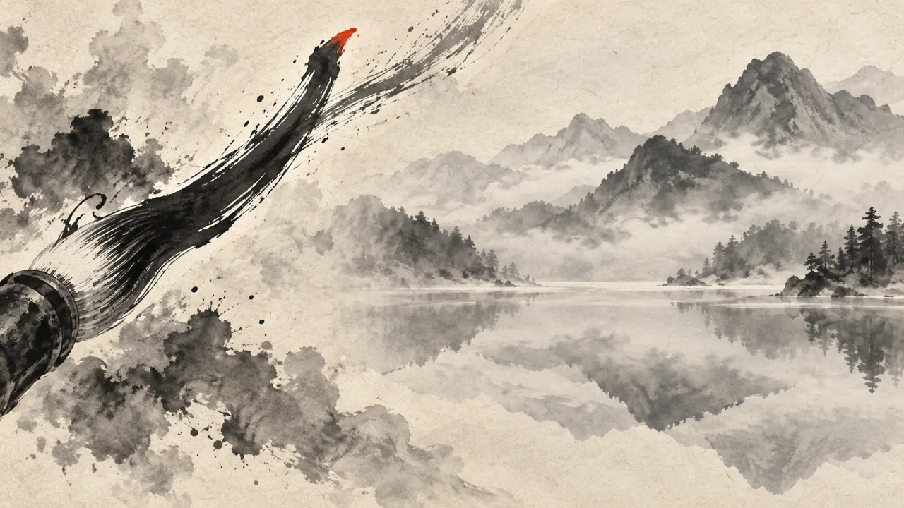 筆が濃い墨の線を引く左側と、山を映して静まる湖の右側を並べた墨絵風のイメージ図（AI生成。実際の場面を示すものではありません）