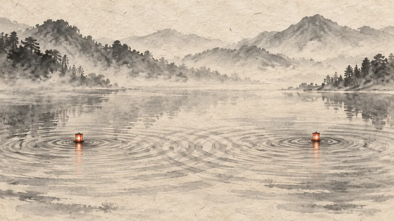 水面に浮かぶ二つの朱い灯りから波紋が広がり、重なり合う墨絵風のイメージ図（AI生成。実際の場面を示すものではありません）
