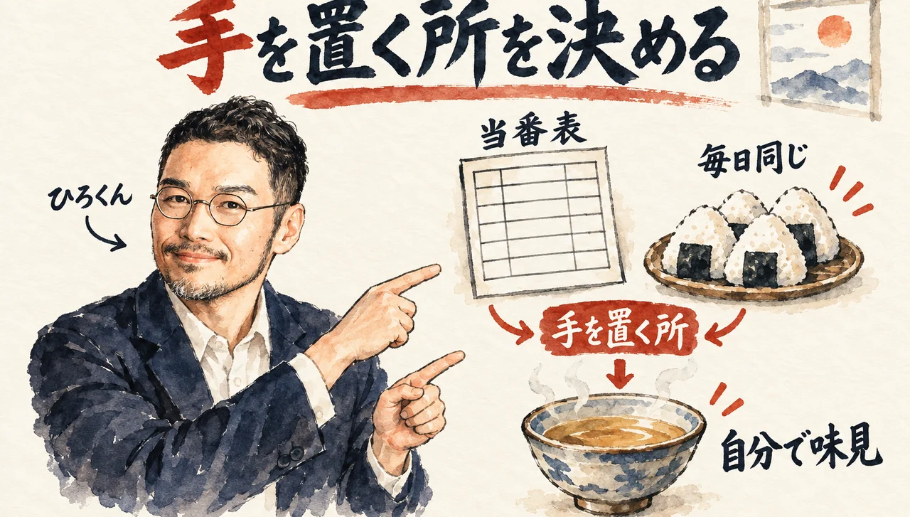 ひろくんが、当番表とおにぎり「毎日同じ」と、湯気の立つお椀「自分で味見」を指さし、間に朱色の札「手を置く所」がある、コラムの図解