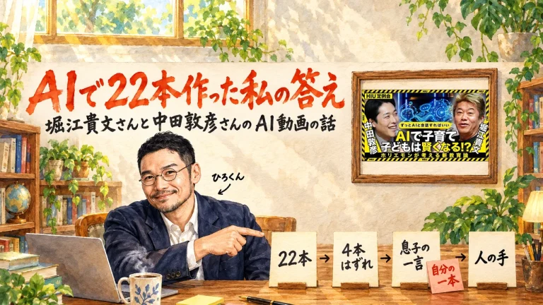 ひろくんが机の前で「22本」「4本はずれ」「息子の一言」「人の手」の4枚の札を指さし、「息子の一言」の札の横に「自分の一本」の札が立つアイキャッチ。右上の額縁に『動画のサムネイル』（堀江貴文さんと中田敦彦さんの動画）。題字は「AIで22本作った私の答え」堀江貴文さんと中田敦彦さんのAI動画の話