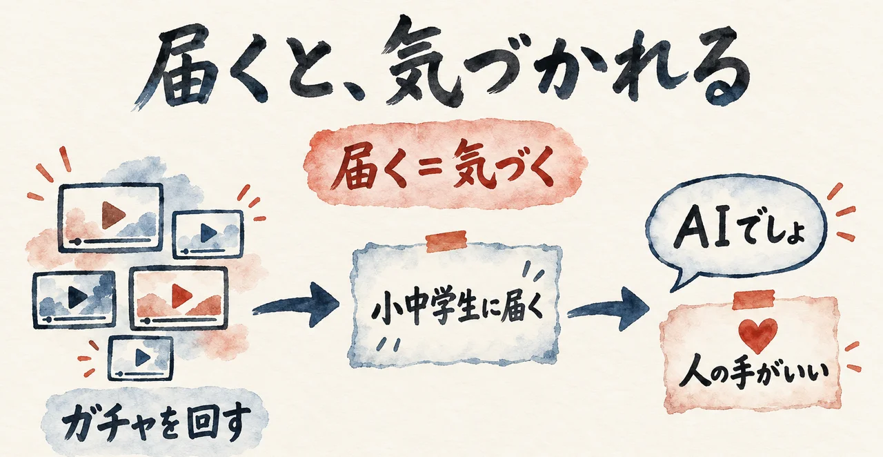 左のたくさんの画面「ガチャを回す」から「小中学生に届く」の札へ矢印、右に吹き出し「AIでしょ」と札「人の手がいい」、上に朱色の札「届く＝気づく」を置いた図解