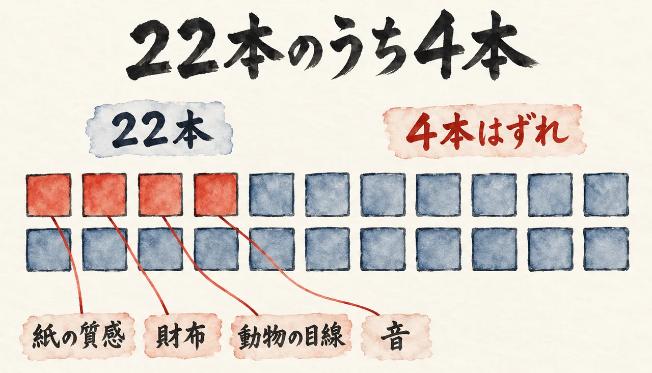 22個の四角のうち4個が朱色で、「紙の質感」「財布」「動物の目線」「音」の札につながる。「22本」「4本はずれ」の札がある図解