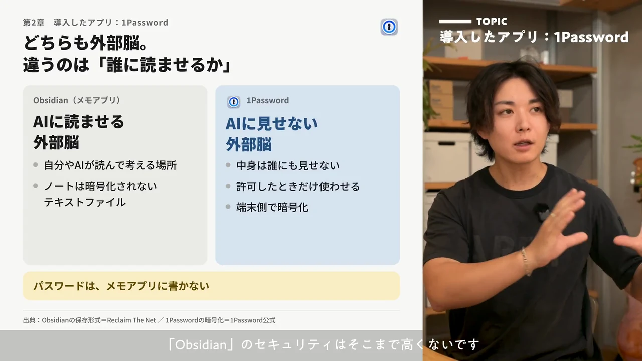 動画キャプチャ: Obsidianと金庫を「誰に読ませるか」で比べるスライド（6:30頃）