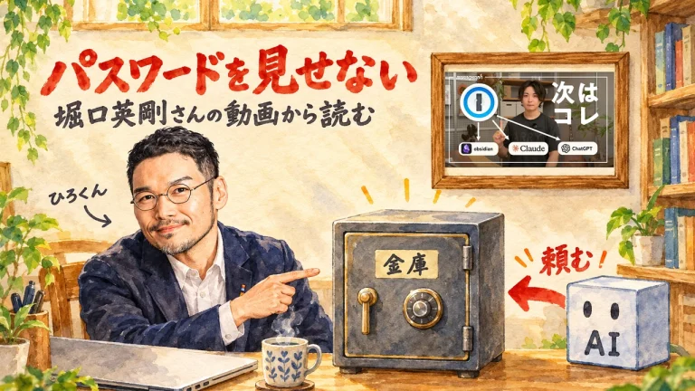 ひろくんが机の上の金庫を指さし、AIの箱と金庫を矢印で結ぶアイキャッチ。壁の額にモノグラフの動画のサムネイル
