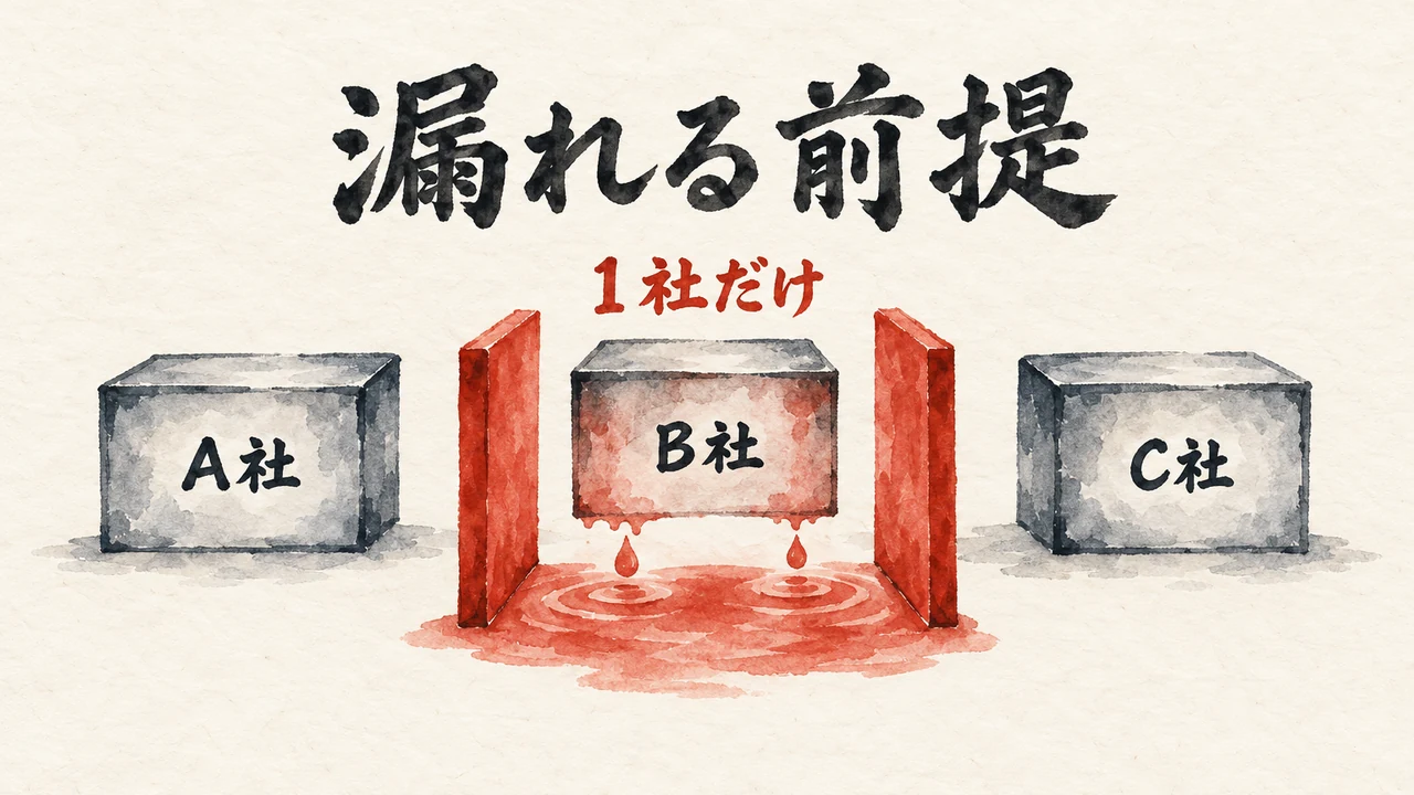 3つの箱のうち1つから漏れたしずくが、仕切り板で隣の箱に届かず止まる図解