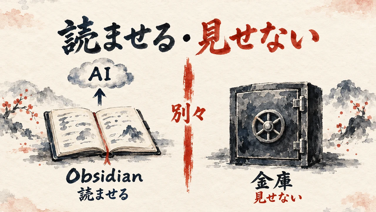 開いたノートと閉じた金庫を朱色の線で分け、AIに読ませるものと見せないものを示した図解