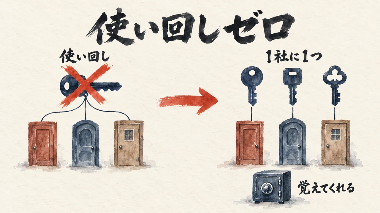 1本の鍵を3つの扉に使い回す絵と、1社に1本ずつの鍵を使う絵を比べた図解
