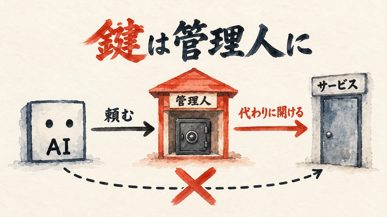 AIから扉へ直接鍵を渡さず、管理人の番小屋が代わりに開ける流れを示した図解