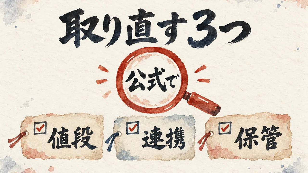 虫眼鏡の下に値段、連携、保管の3枚の札を並べ、公式で取り直す項目を示した図解