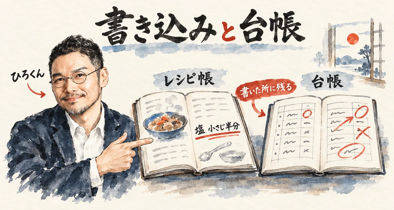 ひろくんが、開いたレシピ帳と開いた台帳の2冊を指さす。2冊の間に「書いた所に残る」の札がある図解