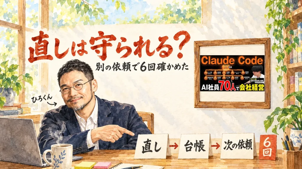 ひろくんが机の前で、「直し」「台帳」「次の依頼」の3枚の札を指さすアイキャッチ。右上の額縁に元動画のサムネイル。題字は「直しは守られる？」別の依頼で6回確かめた