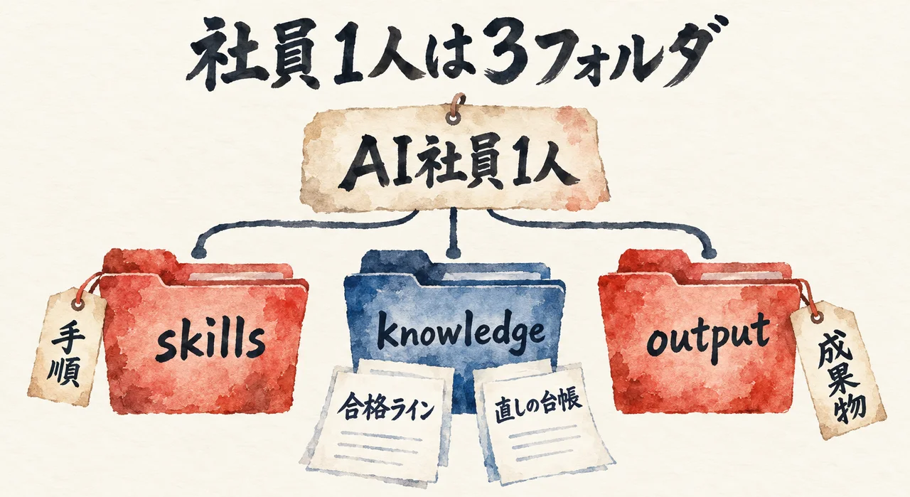 「AI社員1人」の下に、skills・knowledge・outputの3つのフォルダが並び、knowledgeから「合格ライン」と「直しの台帳」の2枚が出ている図解