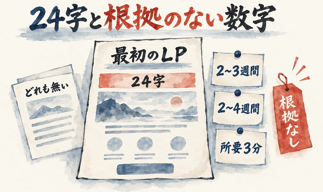 「最初のLP」の見出し「24字」の横に、「2〜3週間」「2〜4週間」「所要3分」の付箋が並び、「根拠なし」の札が付いた図解