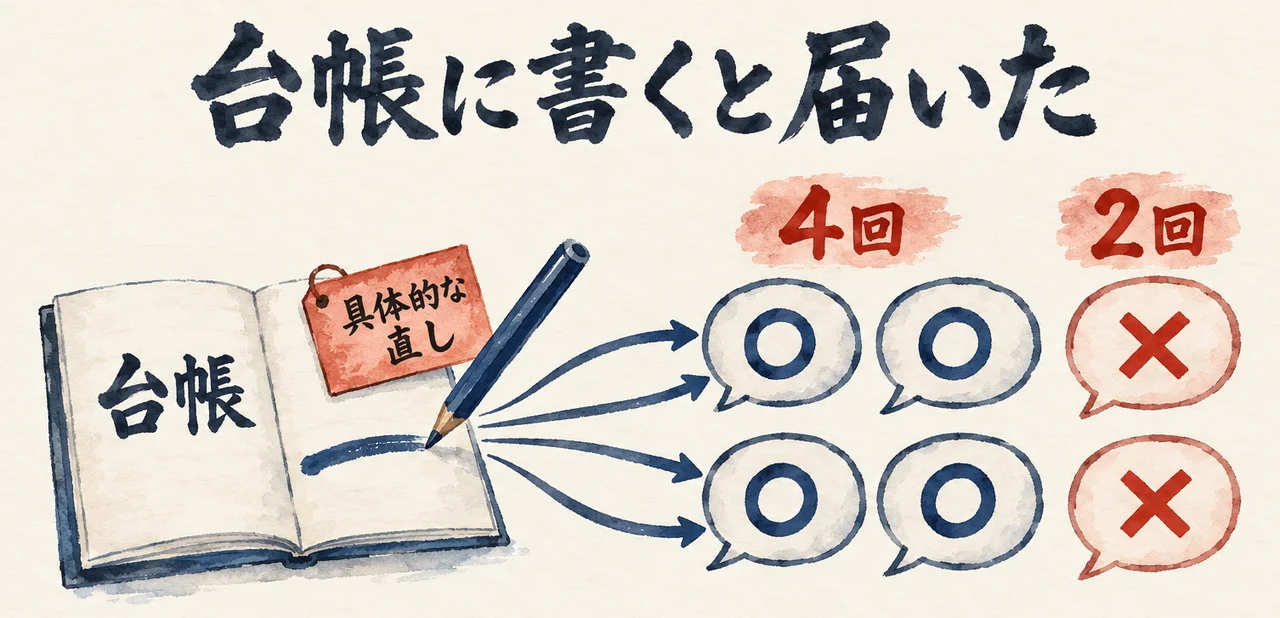 「台帳」に具体的な直しを書くと、別の会話の6つの吹き出しのうち4つに丸（4回）が付き、書かない2つにはバツ（2回）が付いた図解