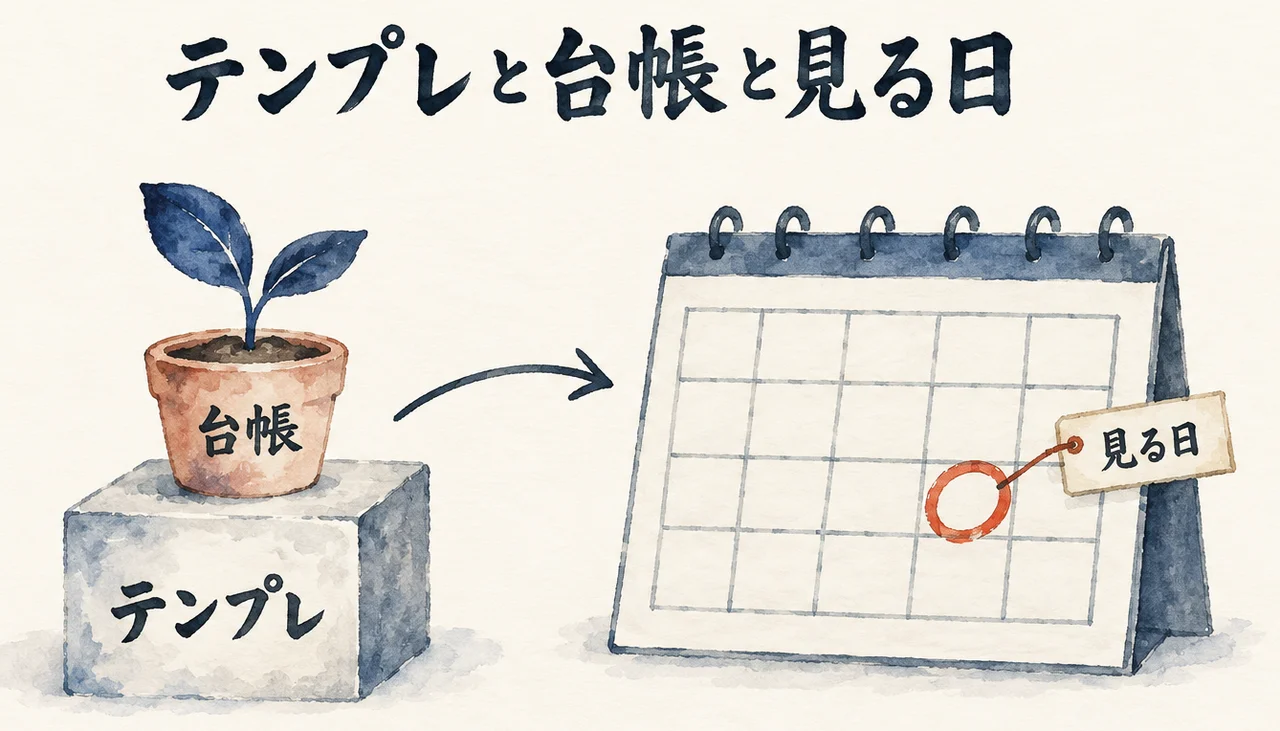 土台「テンプレ」の上に苗の鉢「台帳」が育ち、カレンダーの1日に「見る日」の丸印が付いた図解