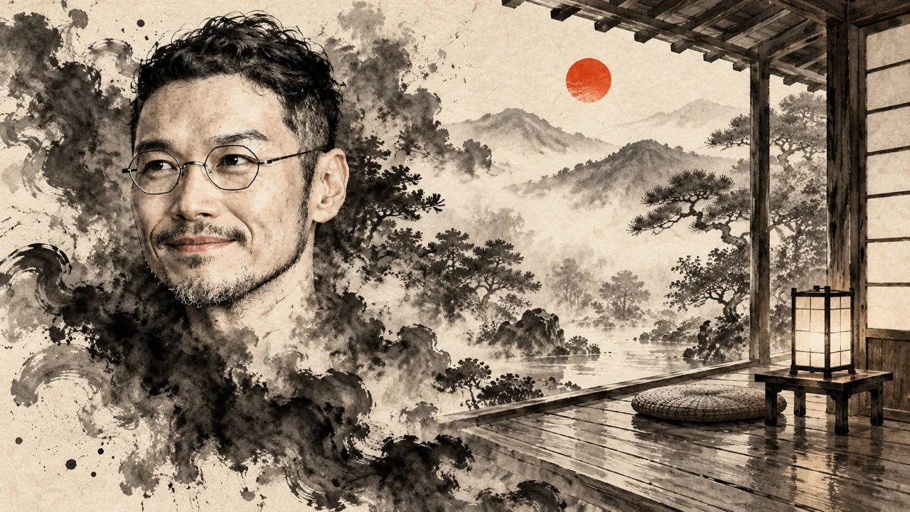 左に丸眼鏡で口ひげ・あごひげの男性の顔が墨の煙の中へ溶け、右には霧の庭に面した縁側に座布団と行灯、空に朱色の日輪が描かれた絵（AI生成。実際の服装や場面を示すものではありません）