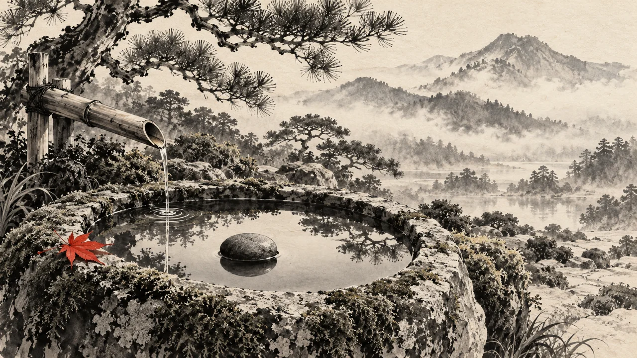 苔むした石の水盤の鏡のような水面に、丸い川石がひとつ静かに据わり、竹の筧から細い水が注いで小さな波紋を広げている。縁に朱色の紅葉が一枚（AI生成の墨絵風。文字は描かれていません）