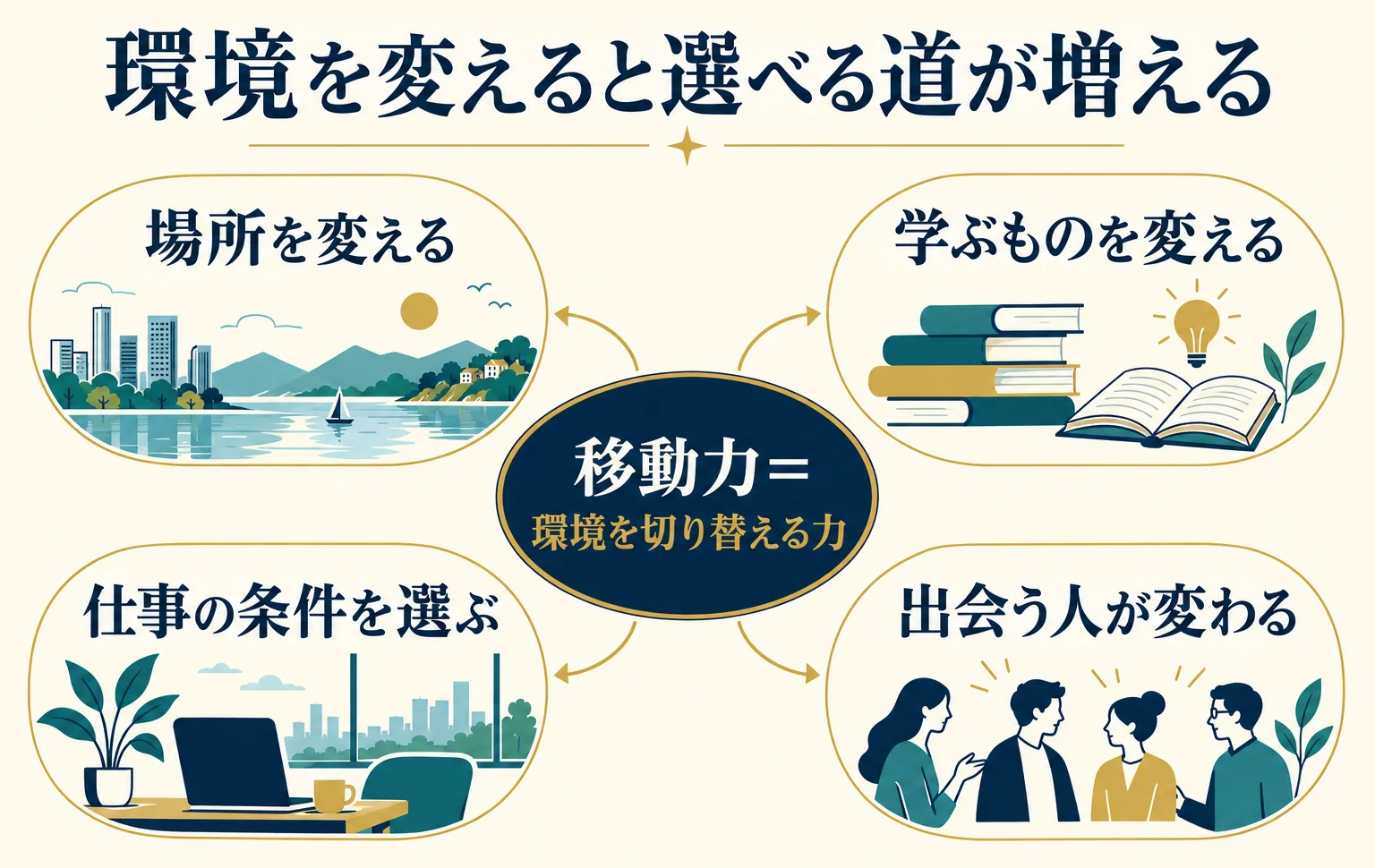 中央の移動力から、場所・学び・仕事の条件・出会う人の四つへ矢印が広がる全体図