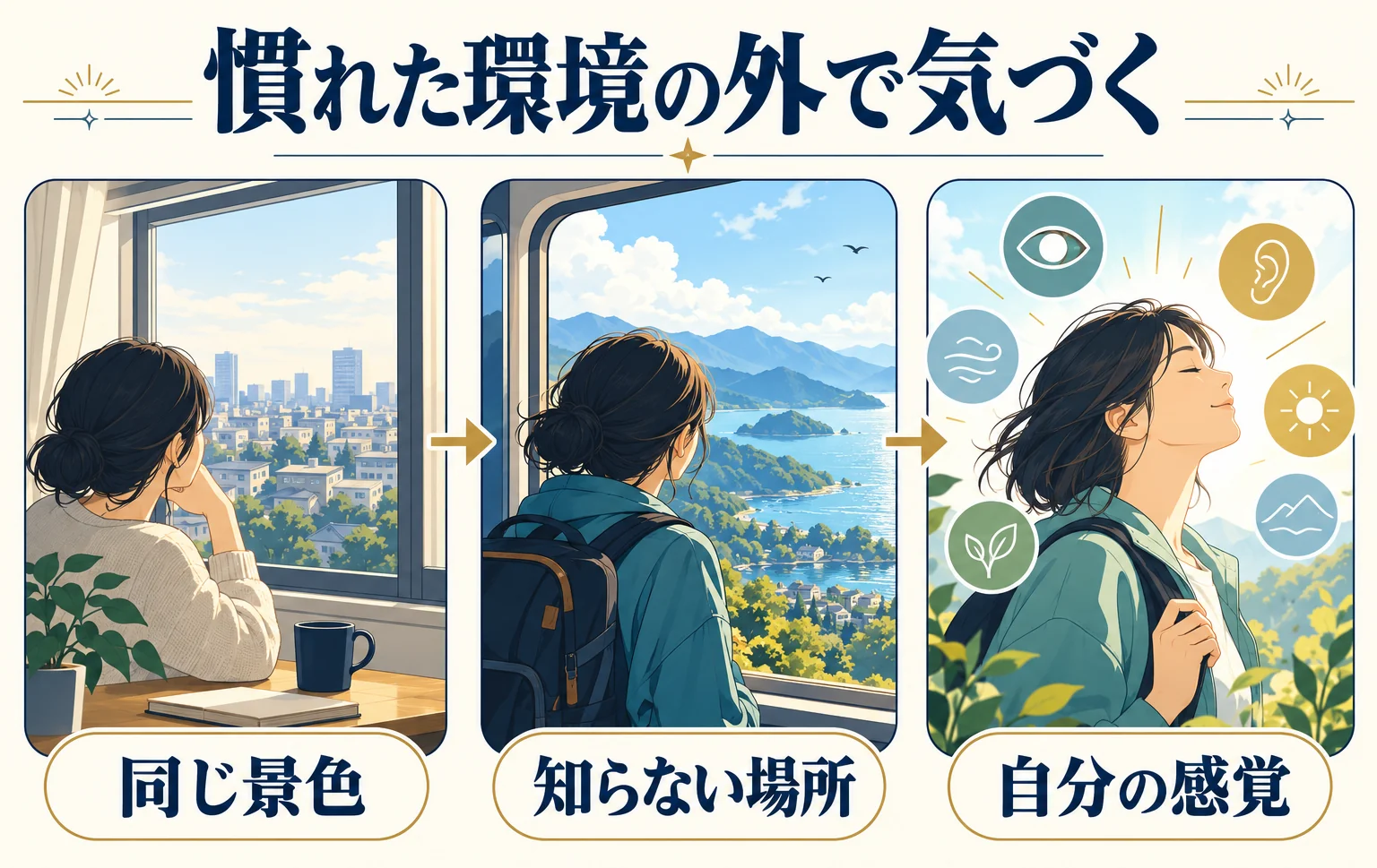 同じ景色から知らない場所へ移り、自分の感覚へ目を向ける三つの場面