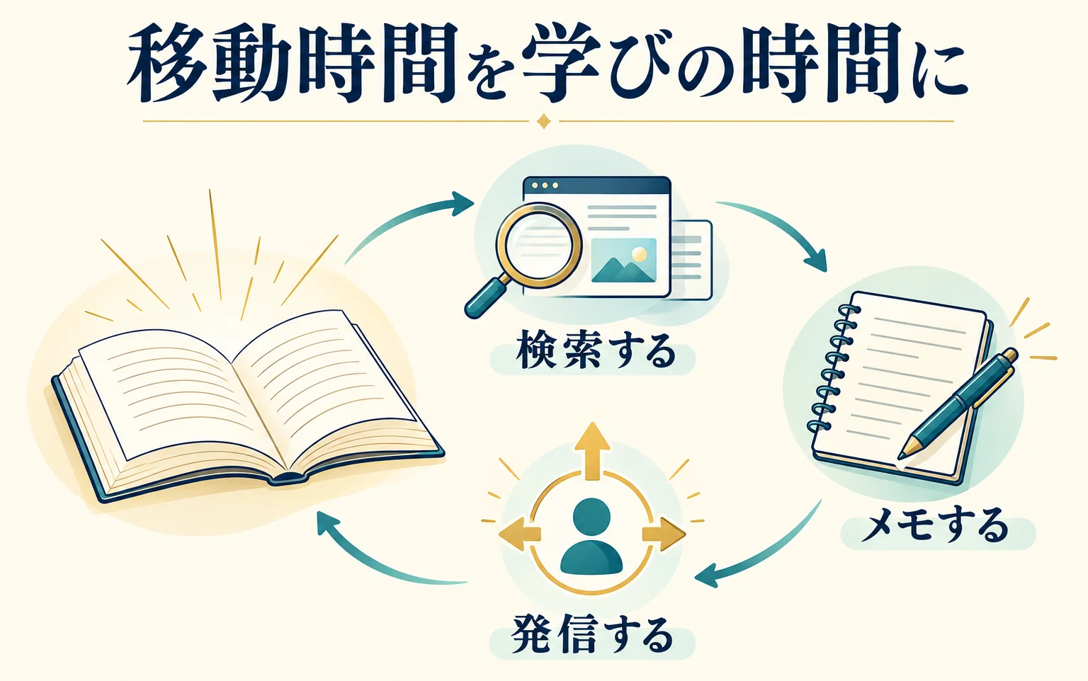 本を読み、検索し、メモを取り、発信する四つの行動が循環する図