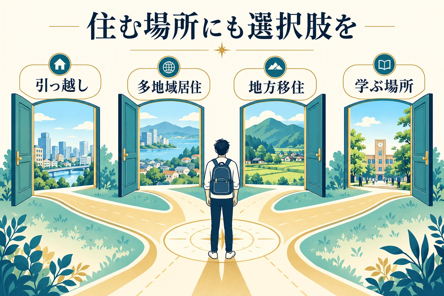 引っ越し、多地域居住、地方移住、学ぶ場所という四つの扉から環境を選ぶ図