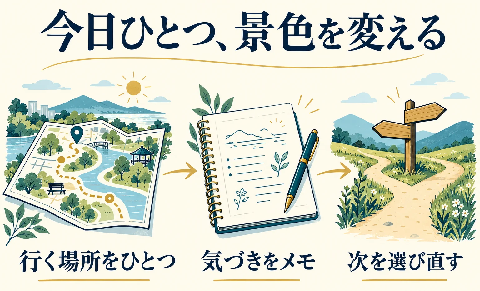行く場所をひとつ選び、気づきをメモし、次を選び直す実践の三つの場面