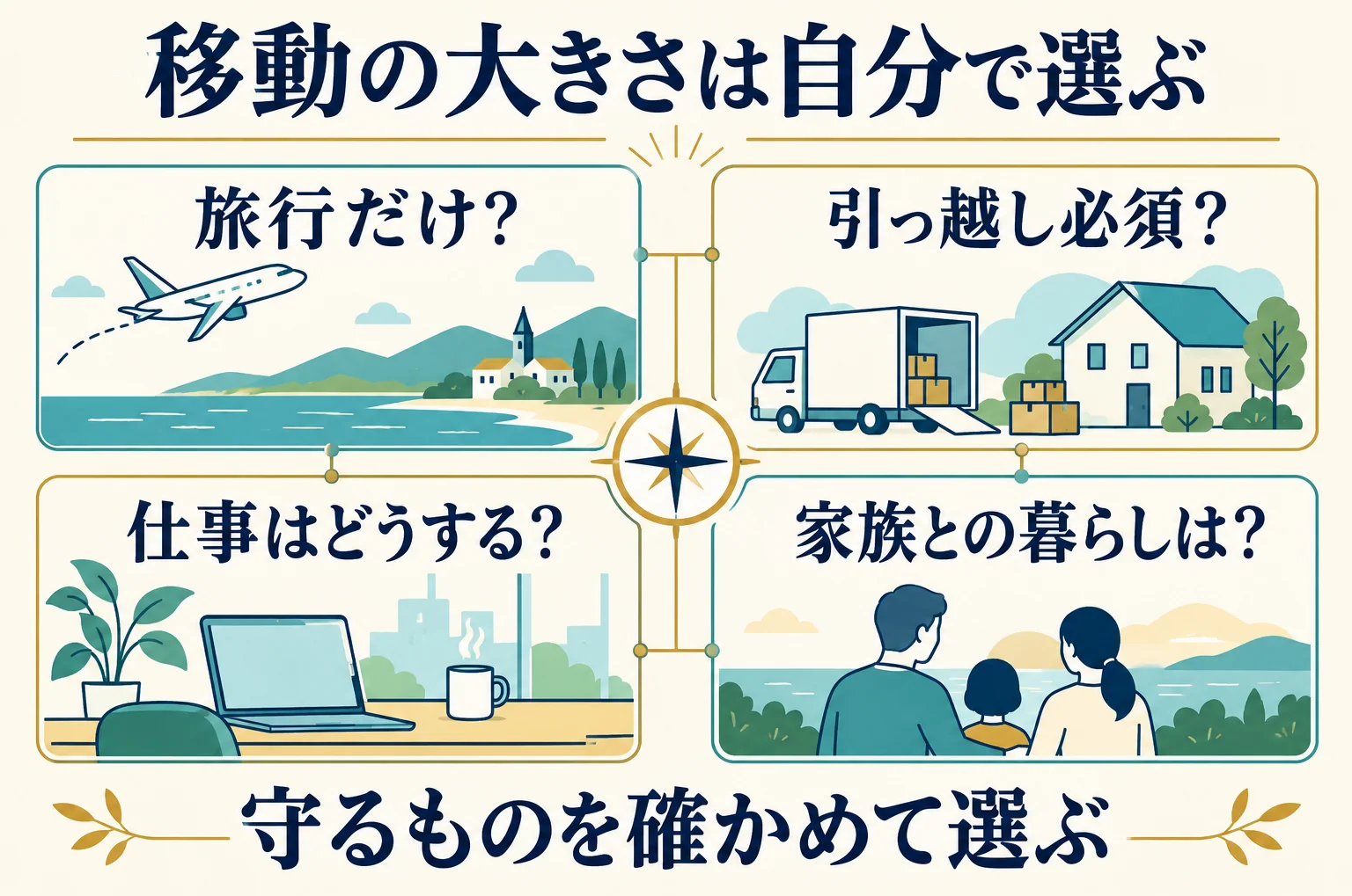 旅行だけか、引っ越しは必須か、仕事はどうするか、家族との暮らしはどうするかという四つの問い