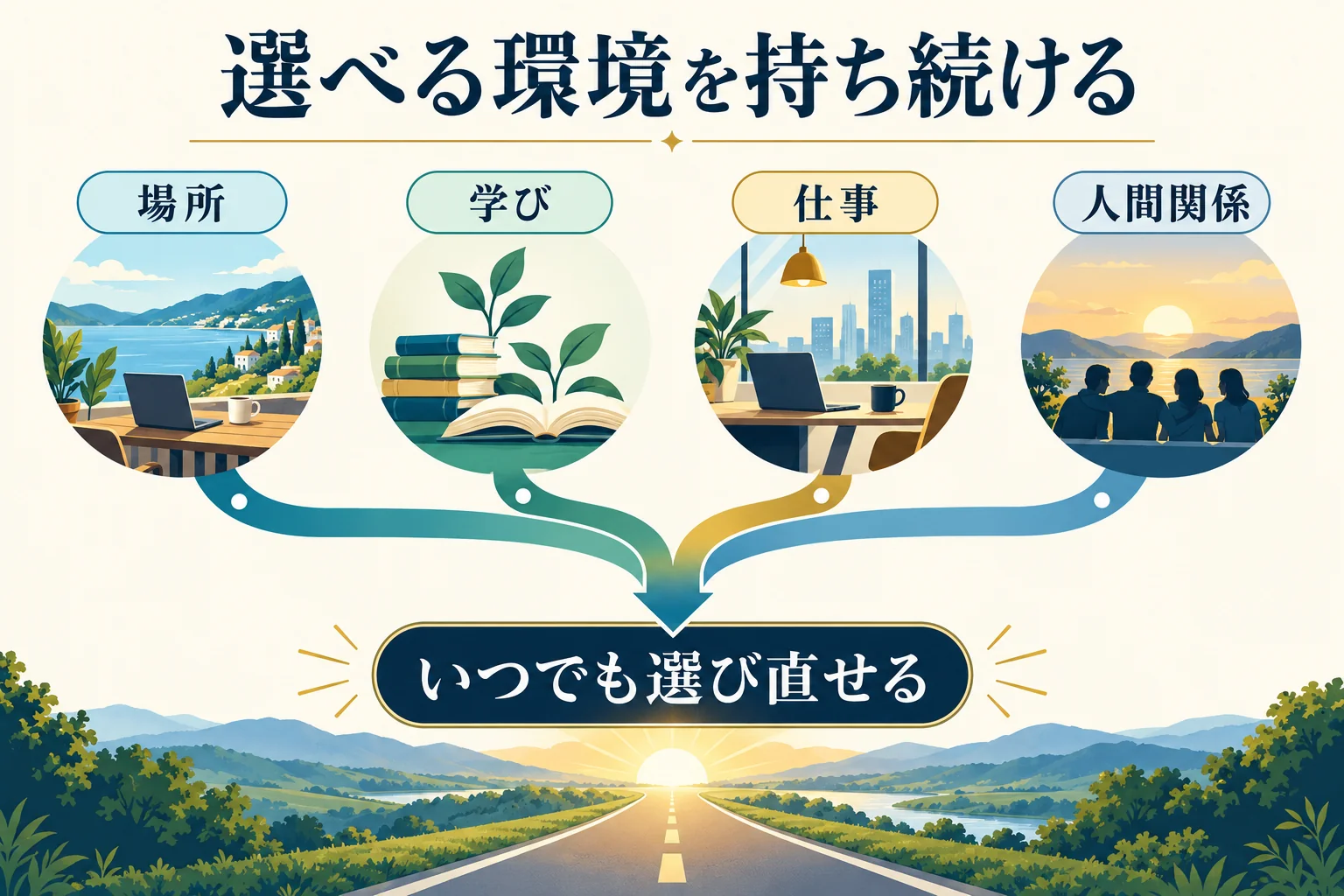 場所、学び、仕事、人間関係の四つから、いつでも選び直せる環境へ矢印が集まる図