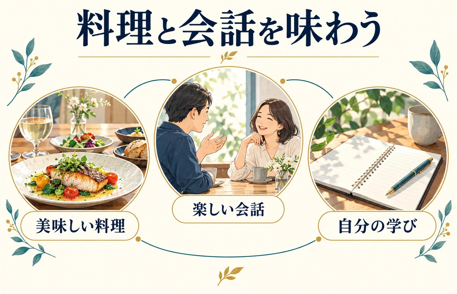 美味しい料理、楽しい会話、自分の学びという三つの円がつながる図。人物は場面のイメージ
