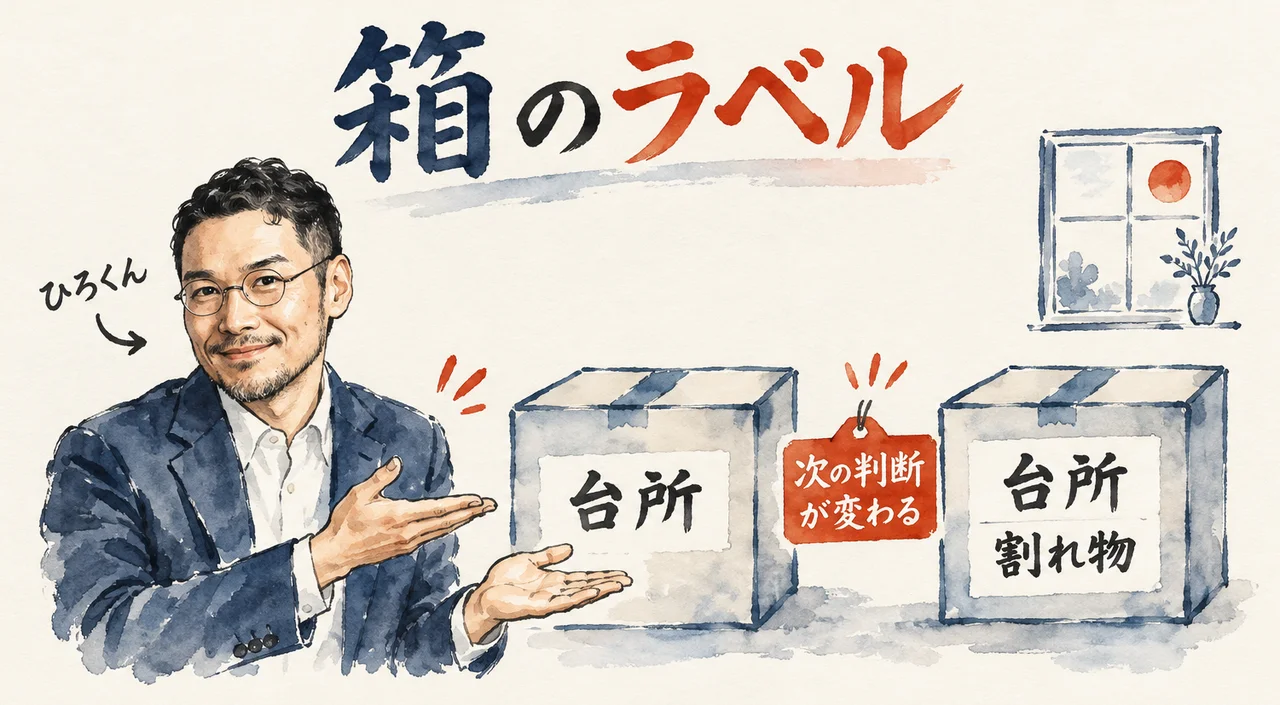 ひろくんが、「台所」の箱と「台所 割れ物」の箱を手で示し、2つの箱の間に「次の判断が変わる」の札がある図解