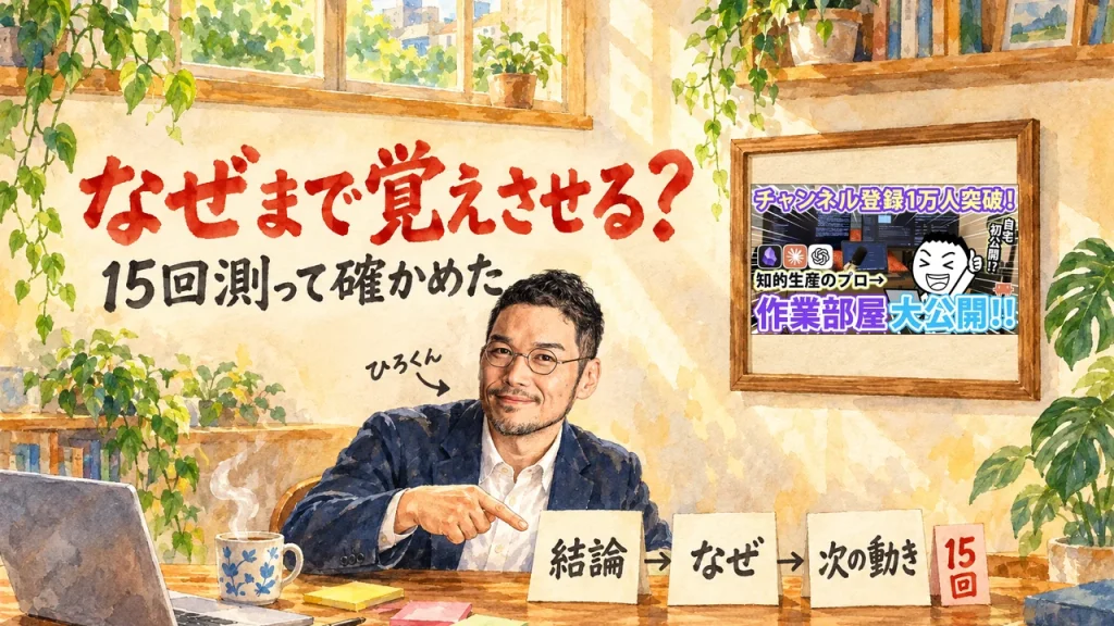 ひろくんが机の前で、「結論」「なぜ」「次の動き」の3枚の札を指さすアイキャッチ。右上の額縁に飯塚浩也さんの動画のサムネイル。題字は「なぜまで覚えさせる?」15回測って確かめた