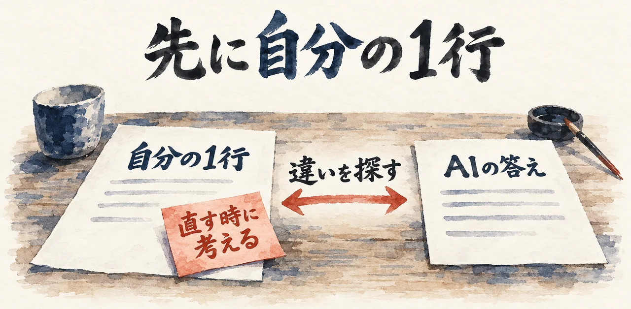 机の上で「自分の1行」の紙と「AIの答え」の紙の間に「違いを探す」の矢印があり、「直す時に考える」の付箋が付いた図解
