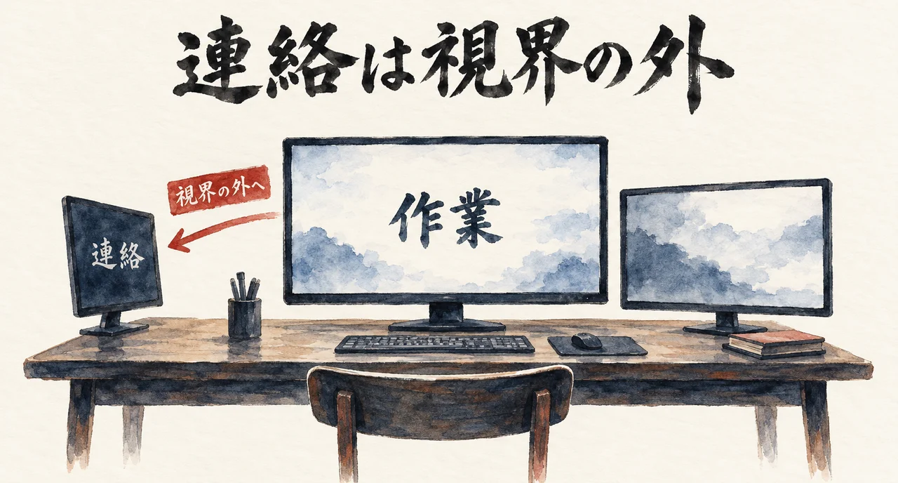 中央の「作業」の画面と右のモニターに対し、「連絡」の小さな画面を視界の外の左へ動かす図解