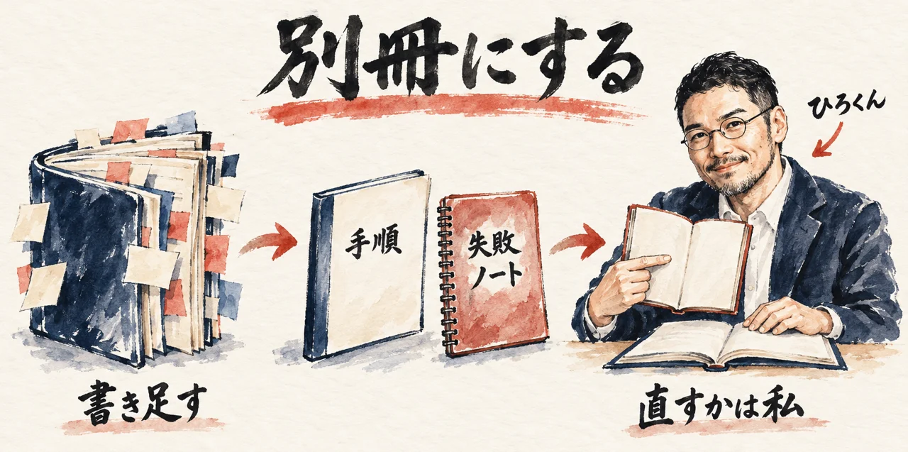 ひろくんが分厚くなったレシピ本とは別に、失敗ノートの別冊を開いて、直すかどうかを自分で決める料理のたとえの図解