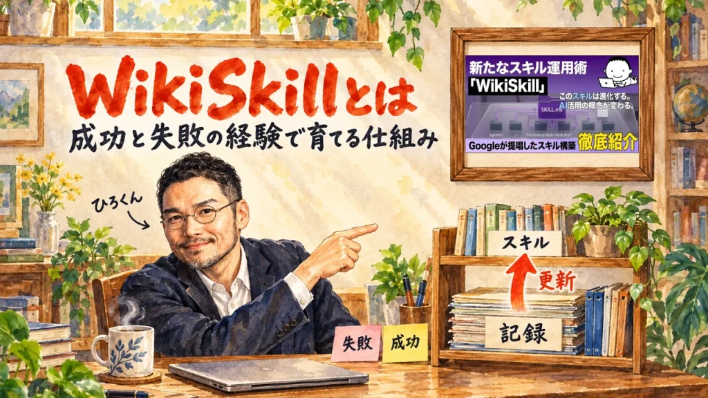 ひろくんが机の上の2段の棚を指さし、WikiSkillとは何かを紹介するアイキャッチ。スキルの棚と記録の棚、壁に動画のサムネイル
