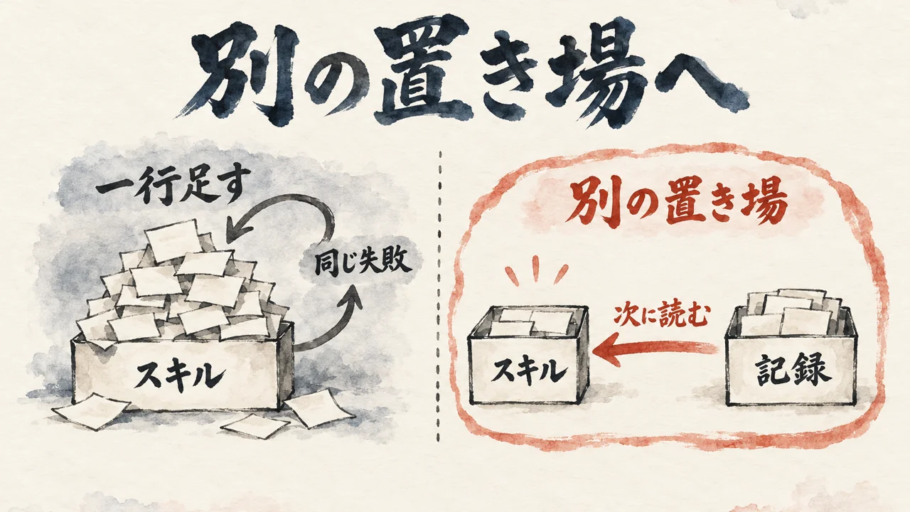 スキルに一行ずつ足す形と、別の置き場の記録を次の実行で読む形を左右に並べた図解