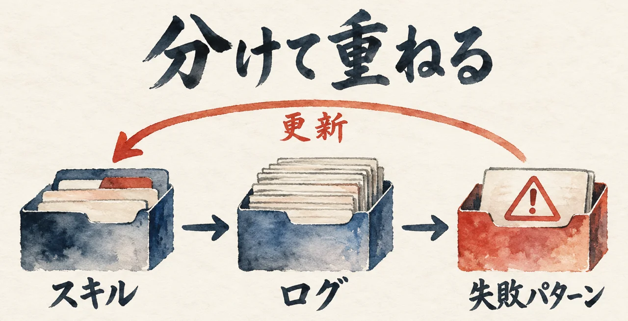 短いスキルと、ログと、失敗パターンを分け、失敗パターンからスキルの更新へ戻る流れを示した図解