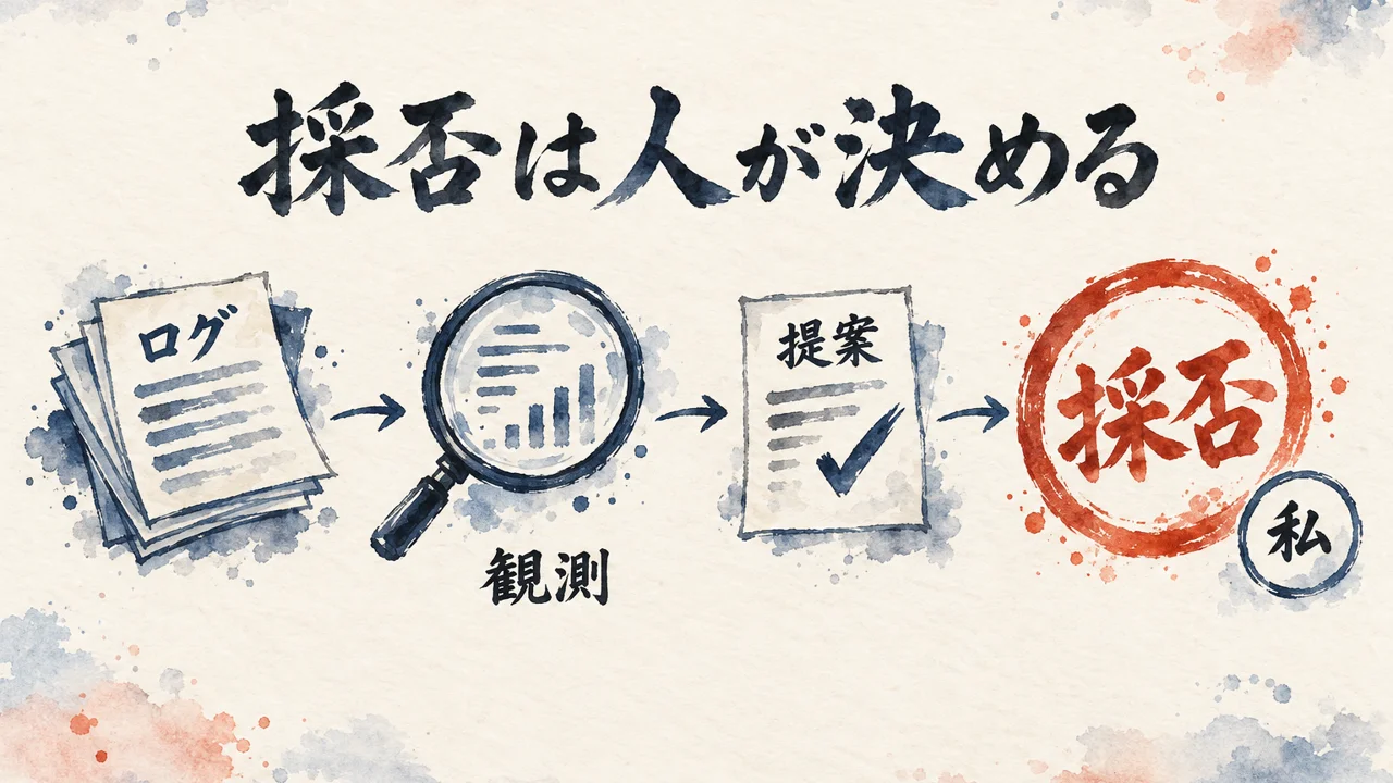 ログを観測し、直し案を提案し、採るかどうかは人が決める流れを示した図解