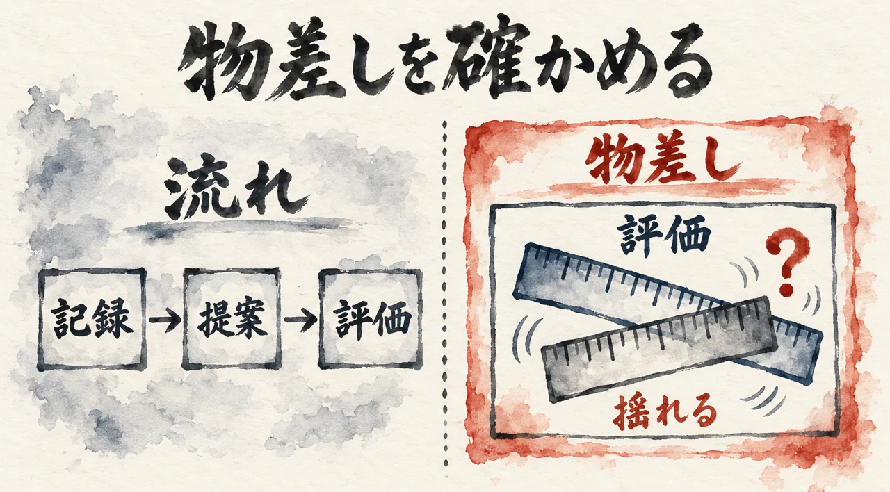 記録、提案、評価の流れと、目盛りがずれて揺れる評価の物差しを左右に並べた図解