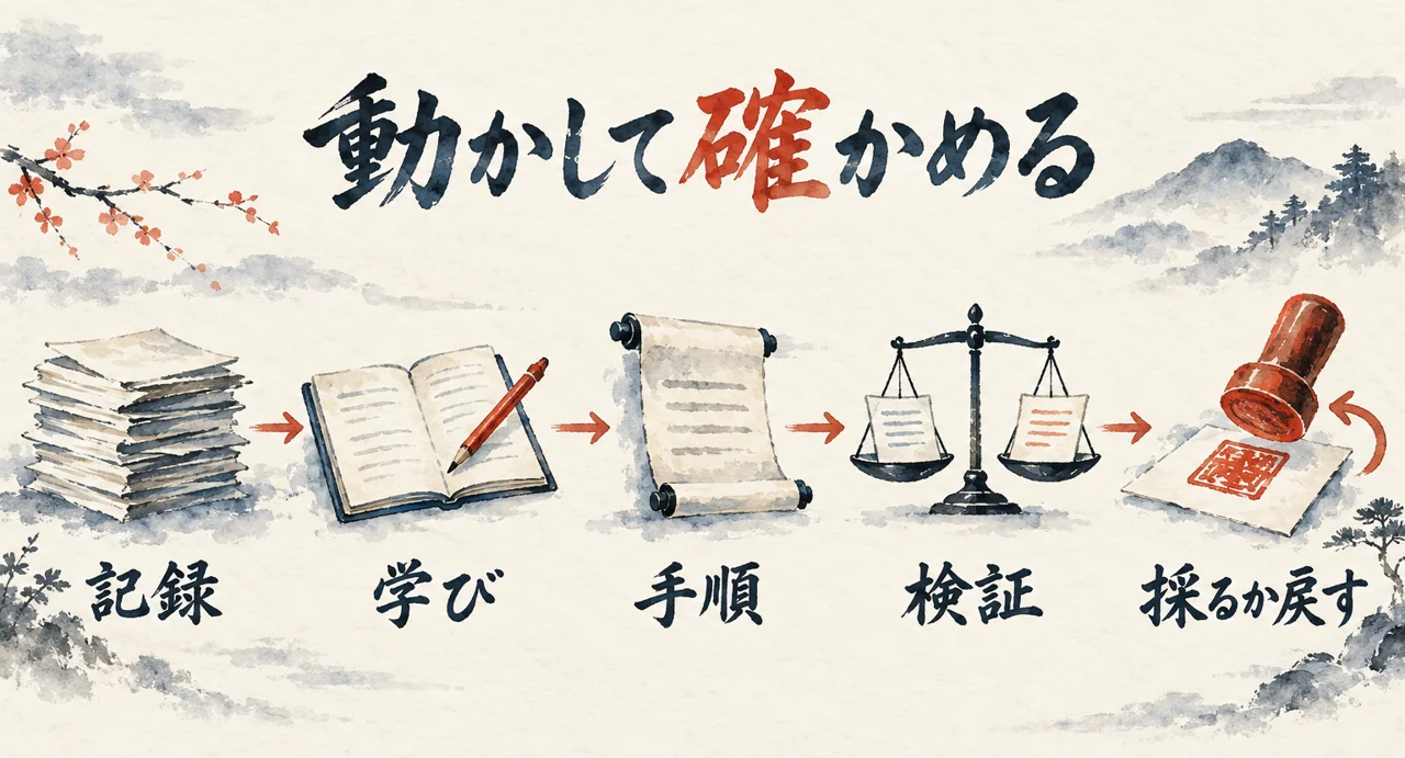 記録、学び、手順、検証、採るか戻すかの5つの場面を左から右へ並べ、自分の記録で最後まで動かして確かめる流れを示した図解