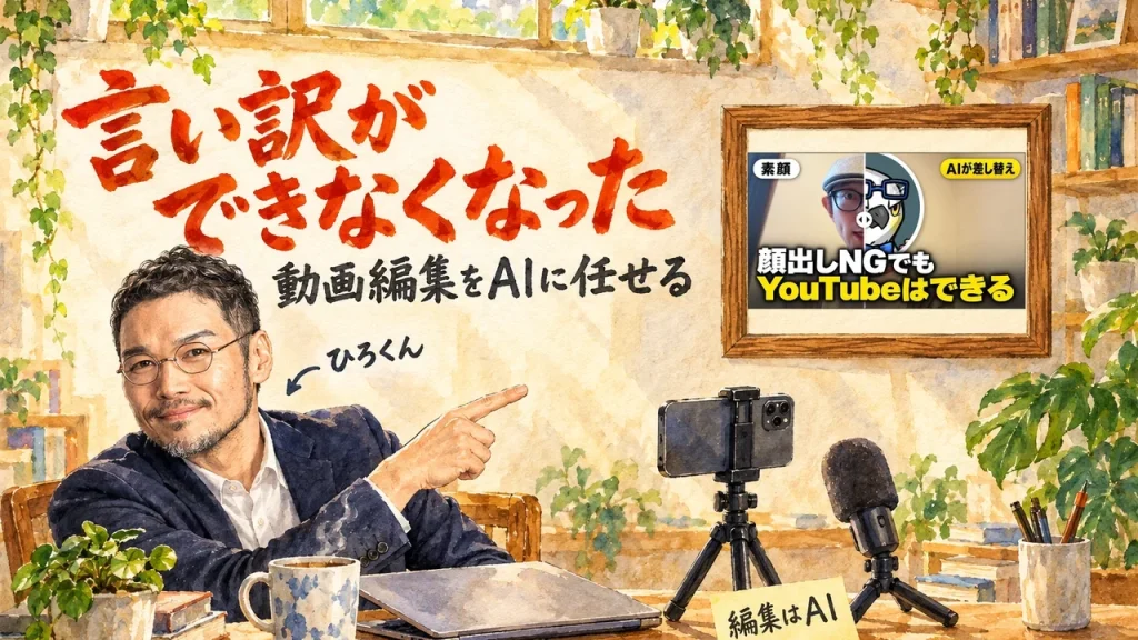 ひろくんが三脚のスマートフォンを指さし、動画編集をAIに任せて言い訳ができなくなったという記事のアイキャッチ。壁の額縁に動画のサムネイル