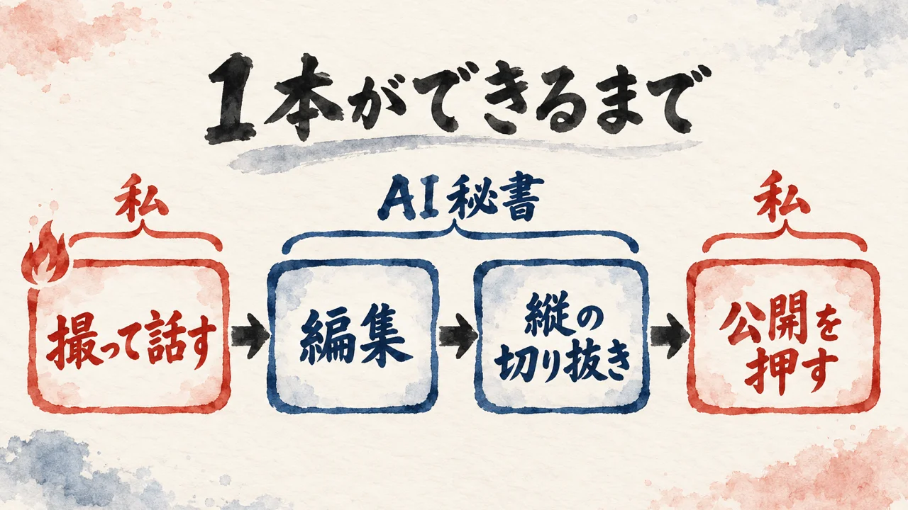 1本の動画ができるまで。私が撮って話す、AI秘書が編集する、AI秘書が縦に切り抜く、最後の公開は私が押す