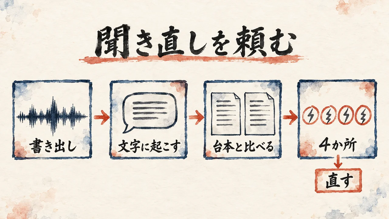 書き出した音声を文字に起こし、台本と比べて、4か所を直す流れを示した図解